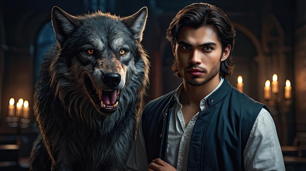 Photo a man with a wolf