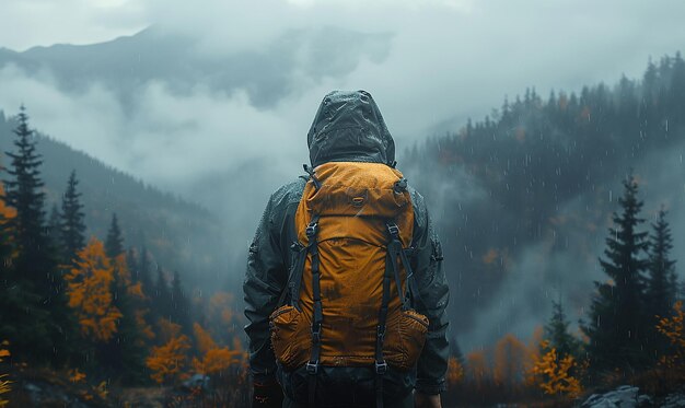 a man with a yellow backpack is walking in the rain