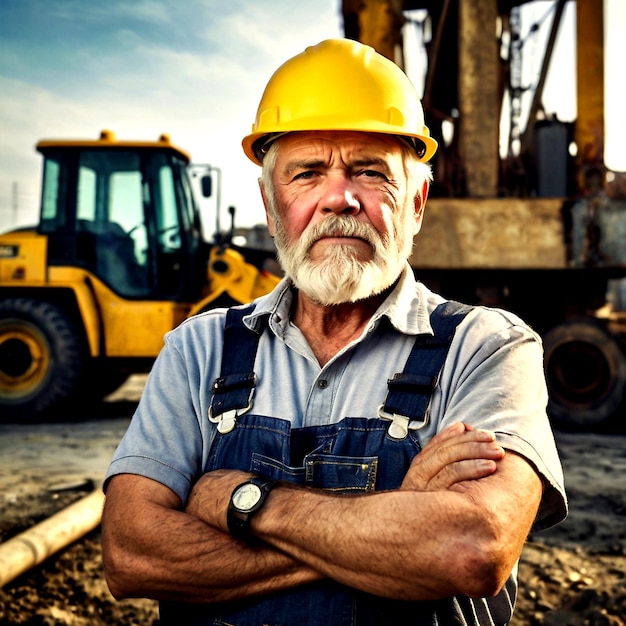 A Man With A Yellow Hard Hat Is Standing In Front Of A Large Excavator