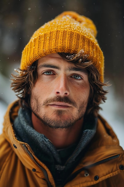 Photo a man with a yellow hat and a brown jacket is standing in the snow