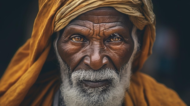 A man with a yellow hat and orange turban looks into the camera.