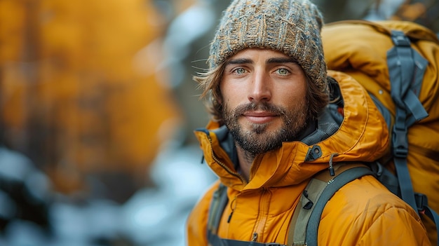 a man with a yellow jacket and a hat on is standing in the snow