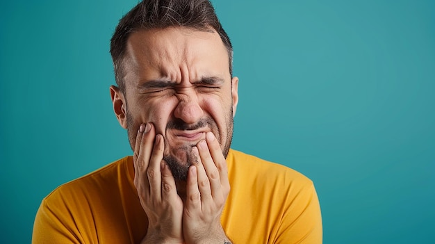 a man with a yellow shirt covering his mouth with his hands