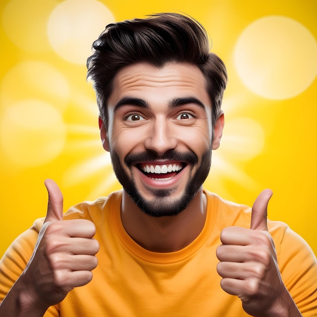 a man with a yellow shirt that says quot he is giving a thumbs up quot