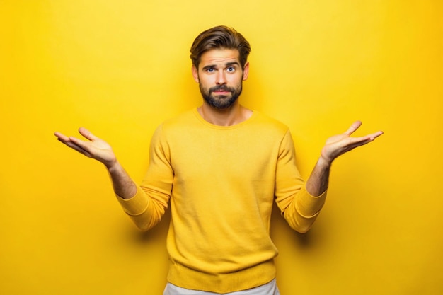 Photo a man with a yellow shirt that says quot he is holding his hands up quot