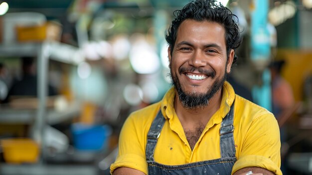 a man with a yellow shirt that says  he is smiling