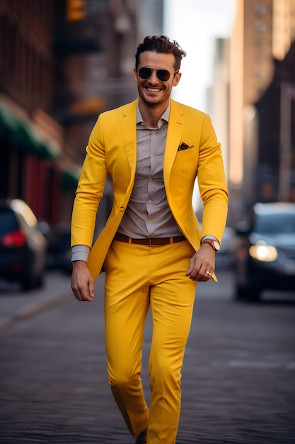 man with yellow suit walk joyful