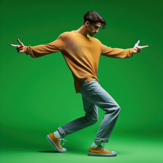 a man with a yellow sweater is dancing on a green background