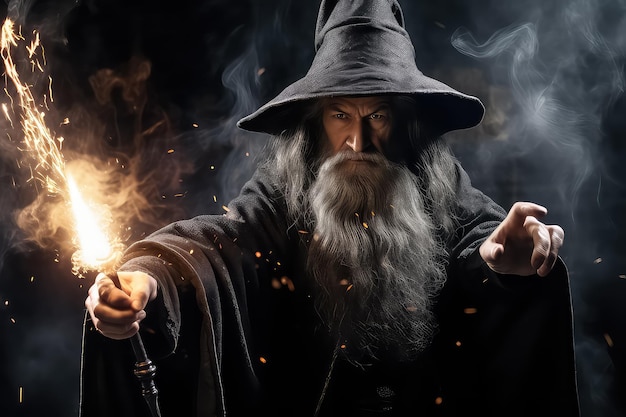 A man in a wizard costume conjuring dark forces with a magic wand