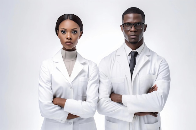 man and woman african american doctors in white coats on a white background High quality photo