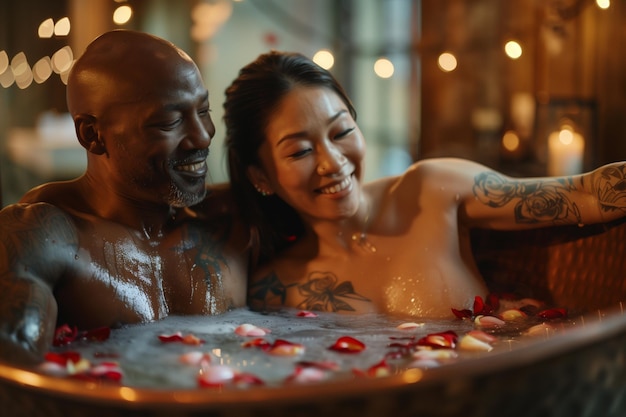 a man and a woman are in a bathtub with candles and flowers