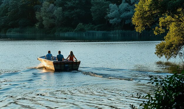 a man and woman are in a boat moon in the background