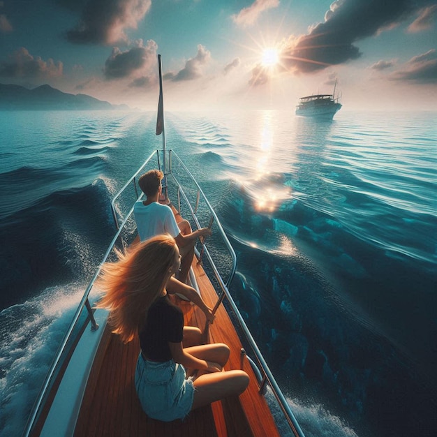 a man and a woman are on a boat in the ocean