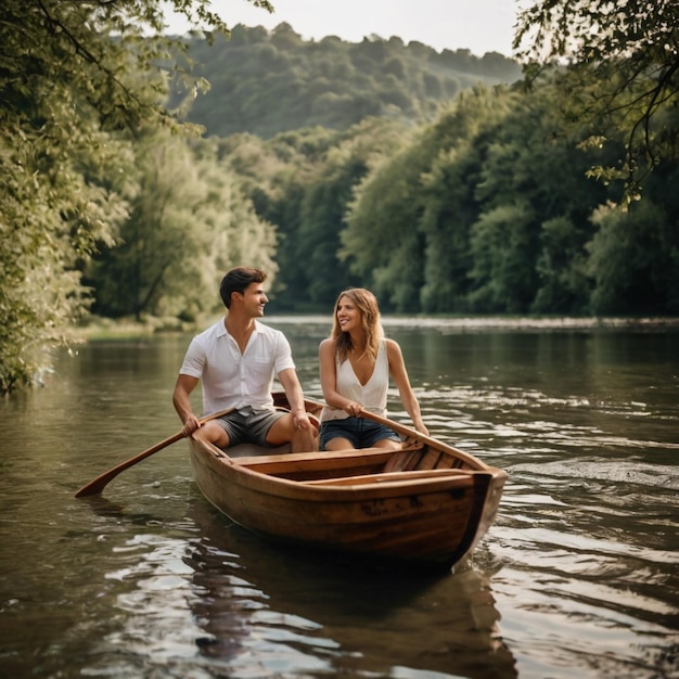 Photo a man and a woman are in a boat with a woman in the water