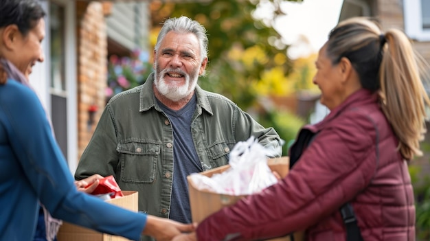 Photo a man and a woman are buying groceries from a home