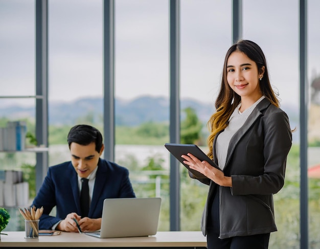 a man and a woman are in a classroom with laptops and a man in a suit