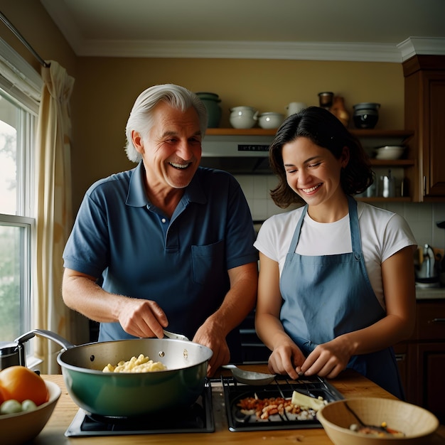 a man and a woman are cooking food in a kitchen