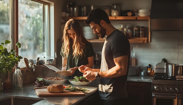 Photo a man and a woman are cooking in a kitchen with a pan of food