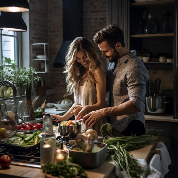 Photo a man and woman are cooking in a kitchen