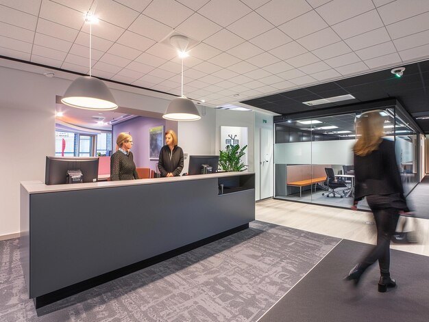 Photo a man and woman are at a counter in an office