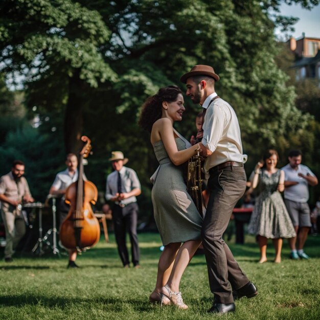 Photo a man and woman are dancing in a park with a band playing music