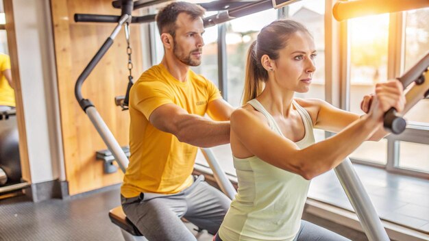 Photo a man and a woman are doing exercises with the help of a trainer