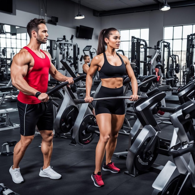 a man and woman are doing push ups in a gym