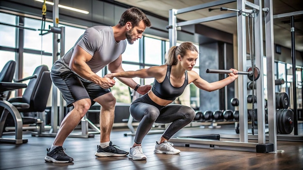 a man and a woman are doing push ups in a gym