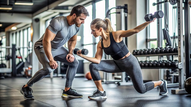 a man and woman are doing push ups in a gym