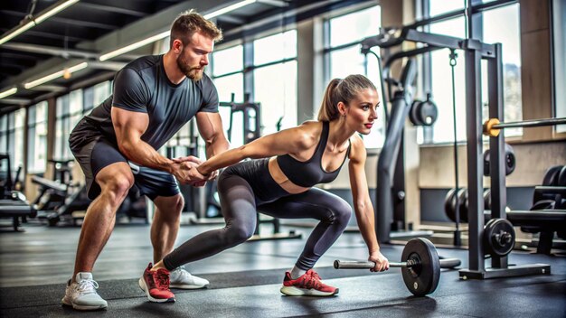 a man and woman are doing push ups in a gym