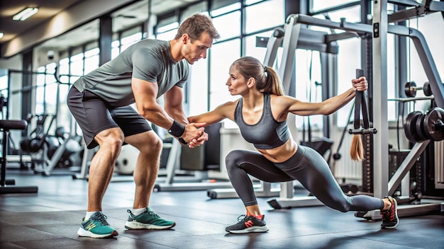 a man and woman are doing push ups on a treadmill