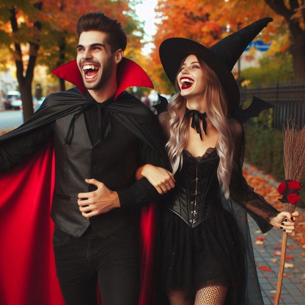 a man and a woman are dressed up as a witch and holding a broom