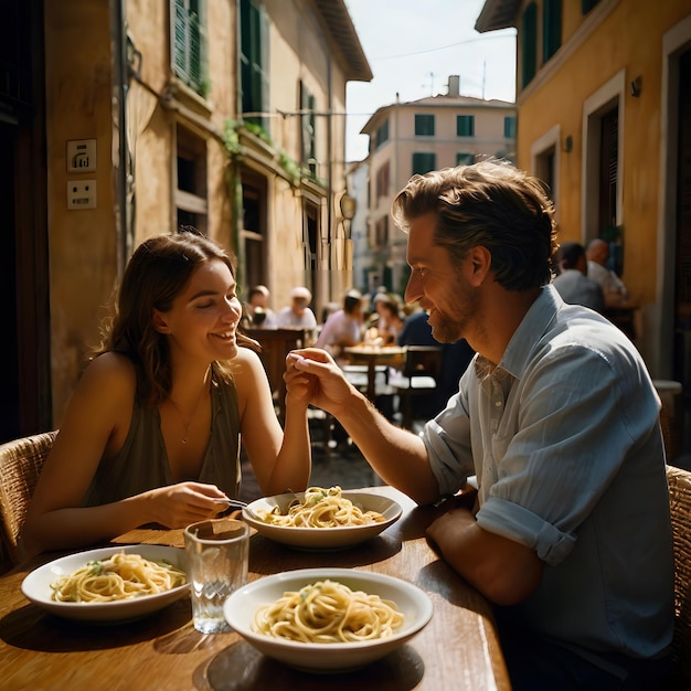 a man and woman are eating spaghetti and one is eating