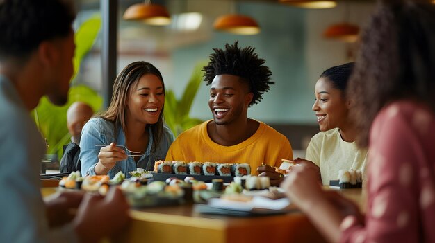 a man and a woman are eating sushi and smiling