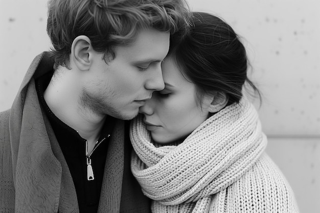 a man and woman are embracing each other and one is wearing a scarf