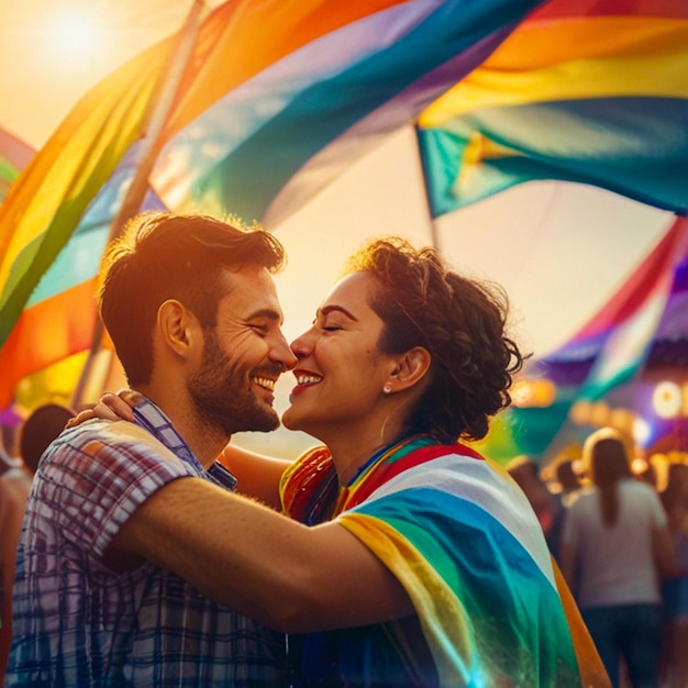 a man and woman are embracing in front of a rainbow colored flag