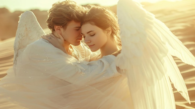 a man and woman are embracing and the woman is wearing a white angel wings