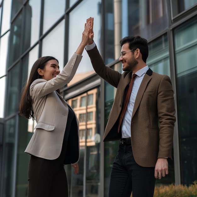 a man and woman are giving high five high five