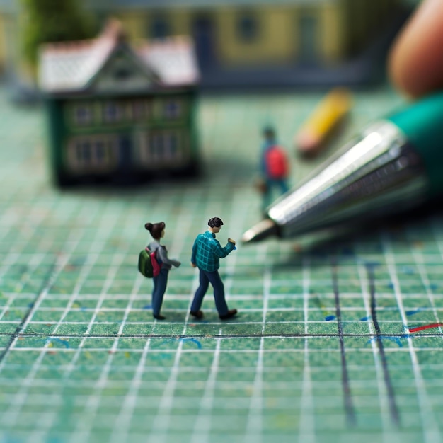 a man and a woman are on a green table with a pen and a house in the background