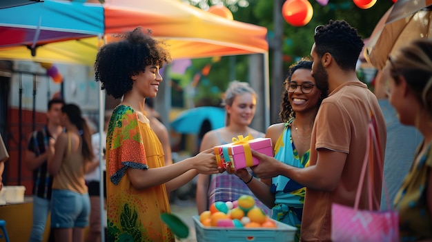 a man and a woman are holding a basket of fruit