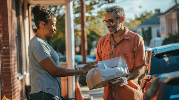 Photo a man and a woman are holding a box of food