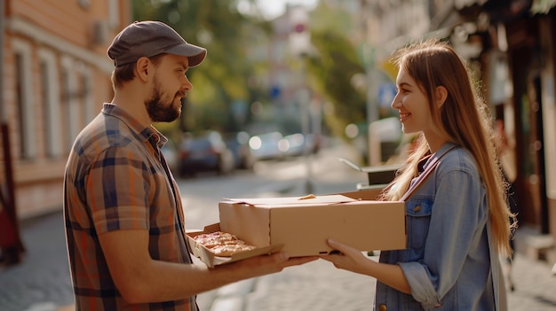 Photo a man and a woman are holding boxes of pizza