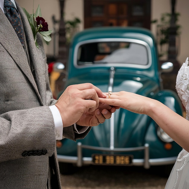 Photo a man and woman are holding hands in front of a vintage car