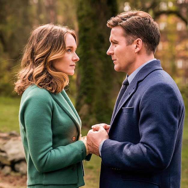 a man and woman are holding hands and the woman is wearing a green sweater