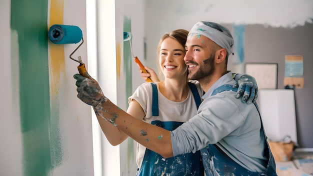 Photo a man and woman are holding a paint brush and a paint brush