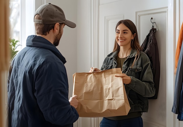 Photo a man and a woman are holding a paper bag that says the word on it