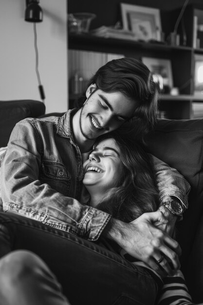 Photo a man and woman are hugging on a couch