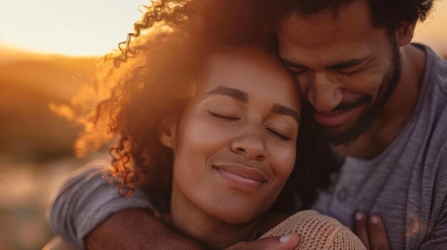 A man and woman are hugging each other in the sun