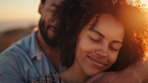 A man and woman are hugging each other with the woman smiling