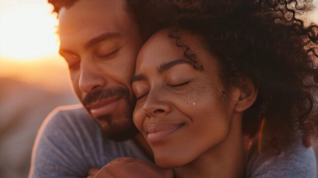 A man and woman are hugging each other with the woman39s face showing a smile